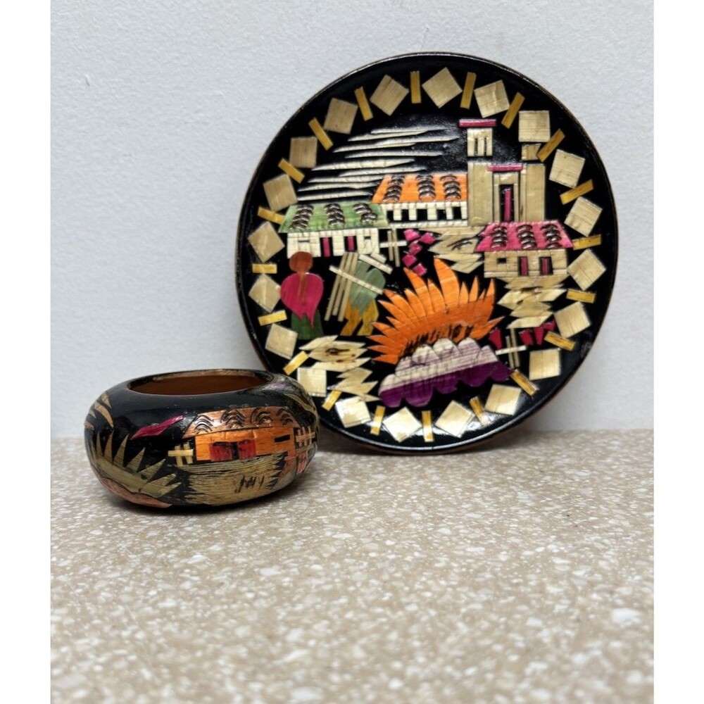 Columbia Black Wood Decorative Plate 6” and candle holder 3.5” set